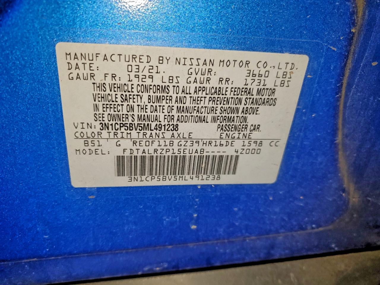 2021 Nissan Kicks S VIN: 3N1CP5BV5ML491238 Lot: 94001015