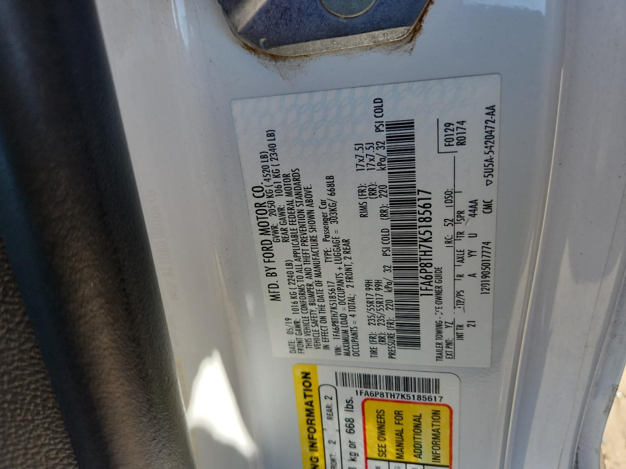 2019 Ford Mustang VIN: 1FA6P8TH7K5185617 Lot: 87051225