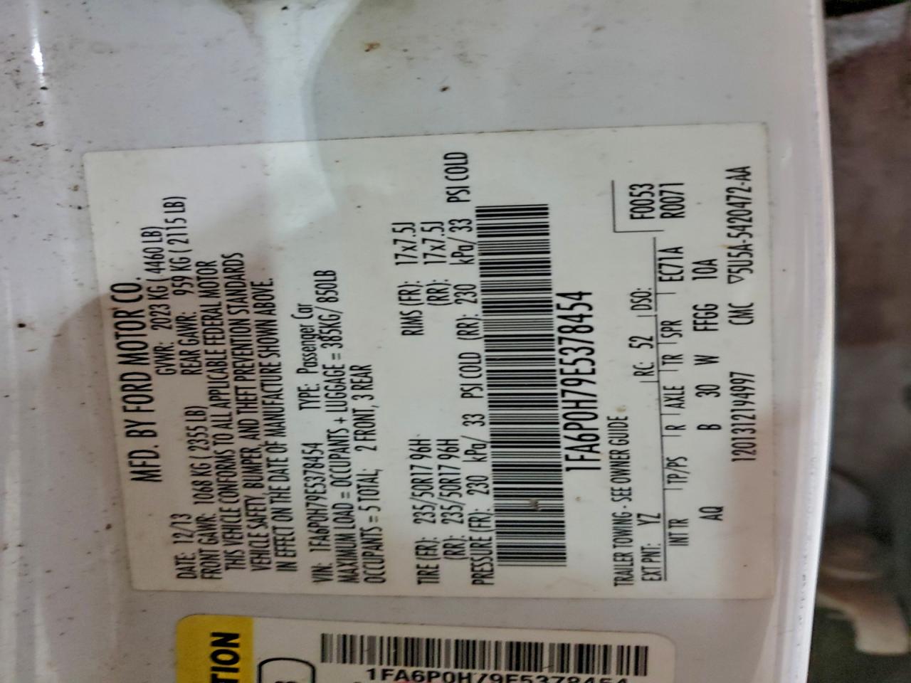 2014 Ford Fusion Se VIN: 1FA6P0H79E5378454 Lot: 94104815