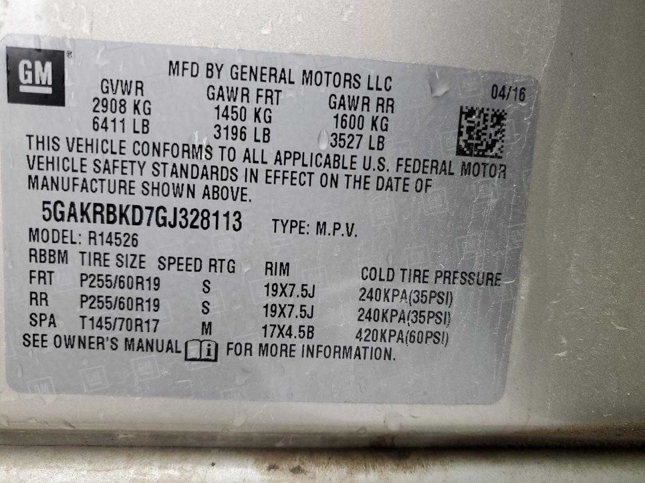 2016 Buick Enclave VIN: 5GAKRBKD7GJ328113 Lot: 93615505