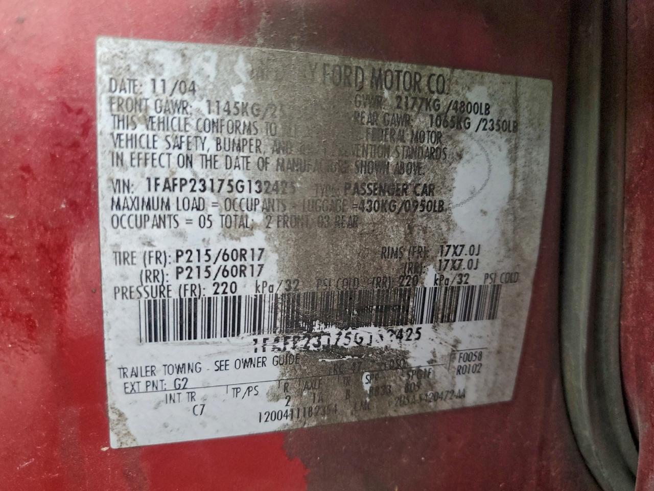 2005 Ford Five Hundred Se VIN: 1FAFP23175G132425 Lot: 93191445