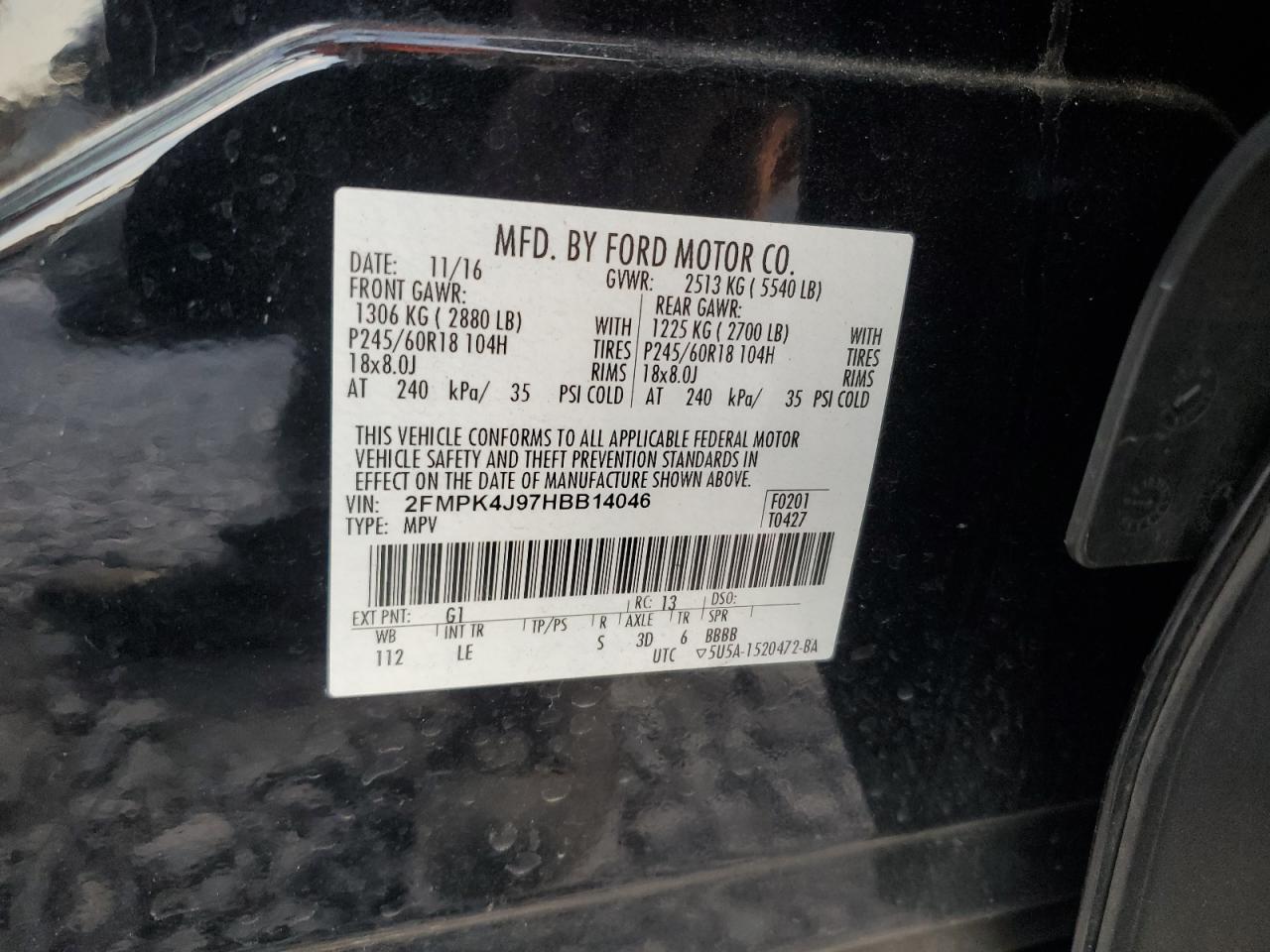 2017 Ford Edge Sel VIN: 2FMPK4J97HBB14046 Lot: 93068435