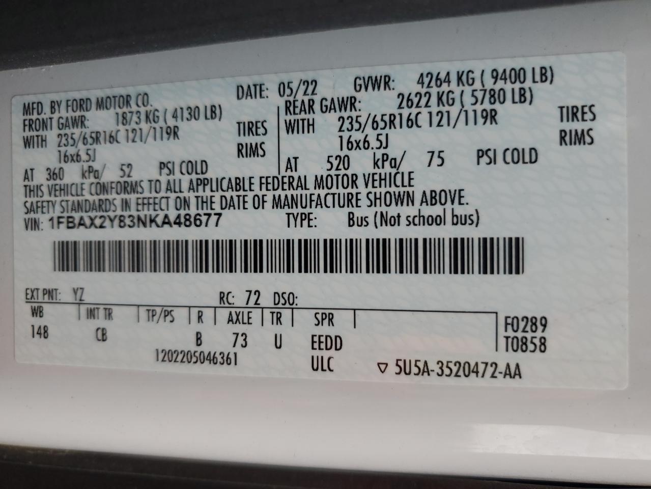 2022 Ford Transit T-350 VIN: 1FBAX2Y83NKA48677 Lot: 91709665