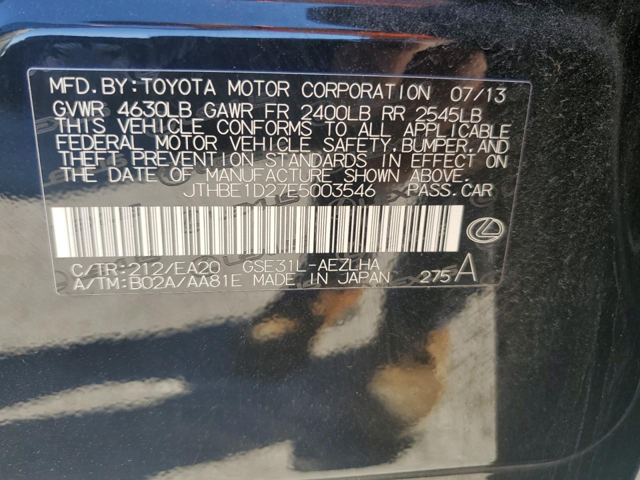 2014 Lexus Is 350 VIN: JTHBE1D27E5003546 Lot: 92894305