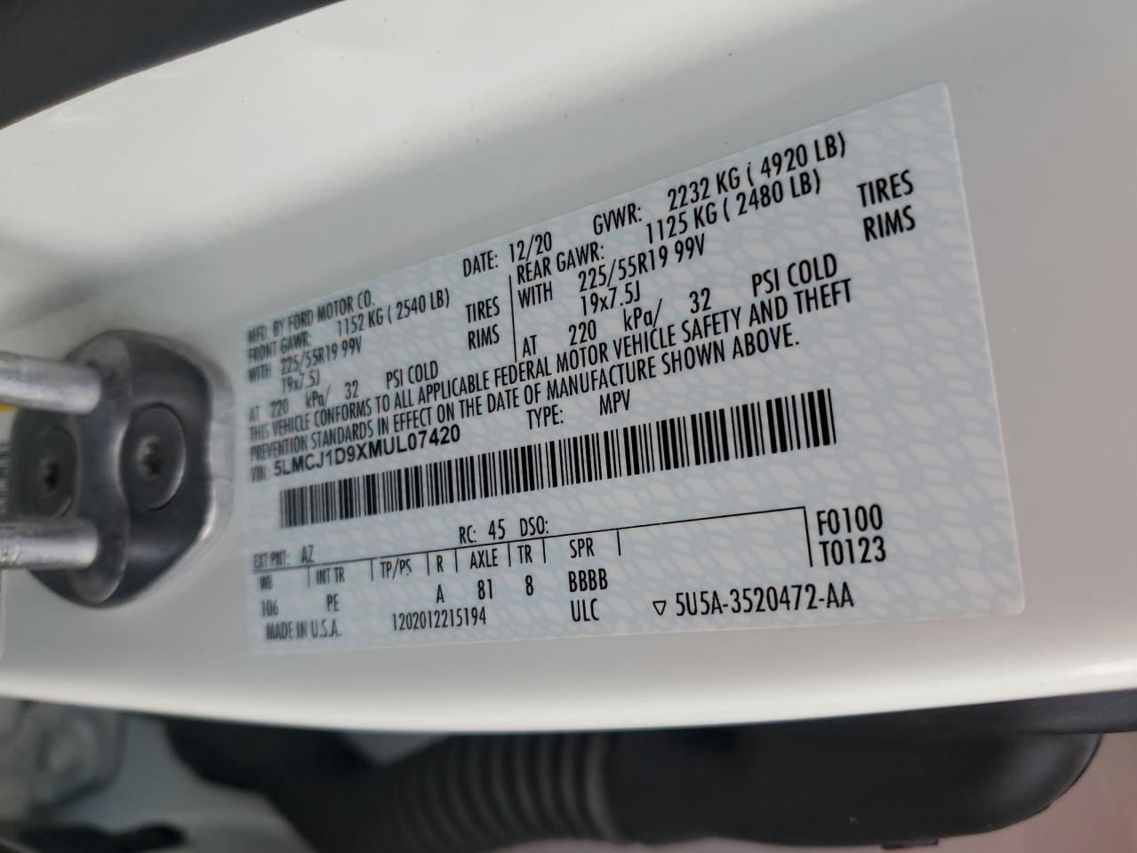 2021 Lincoln Corsair VIN: 5LMCJ1D9XMUL07420 Lot: 91271835