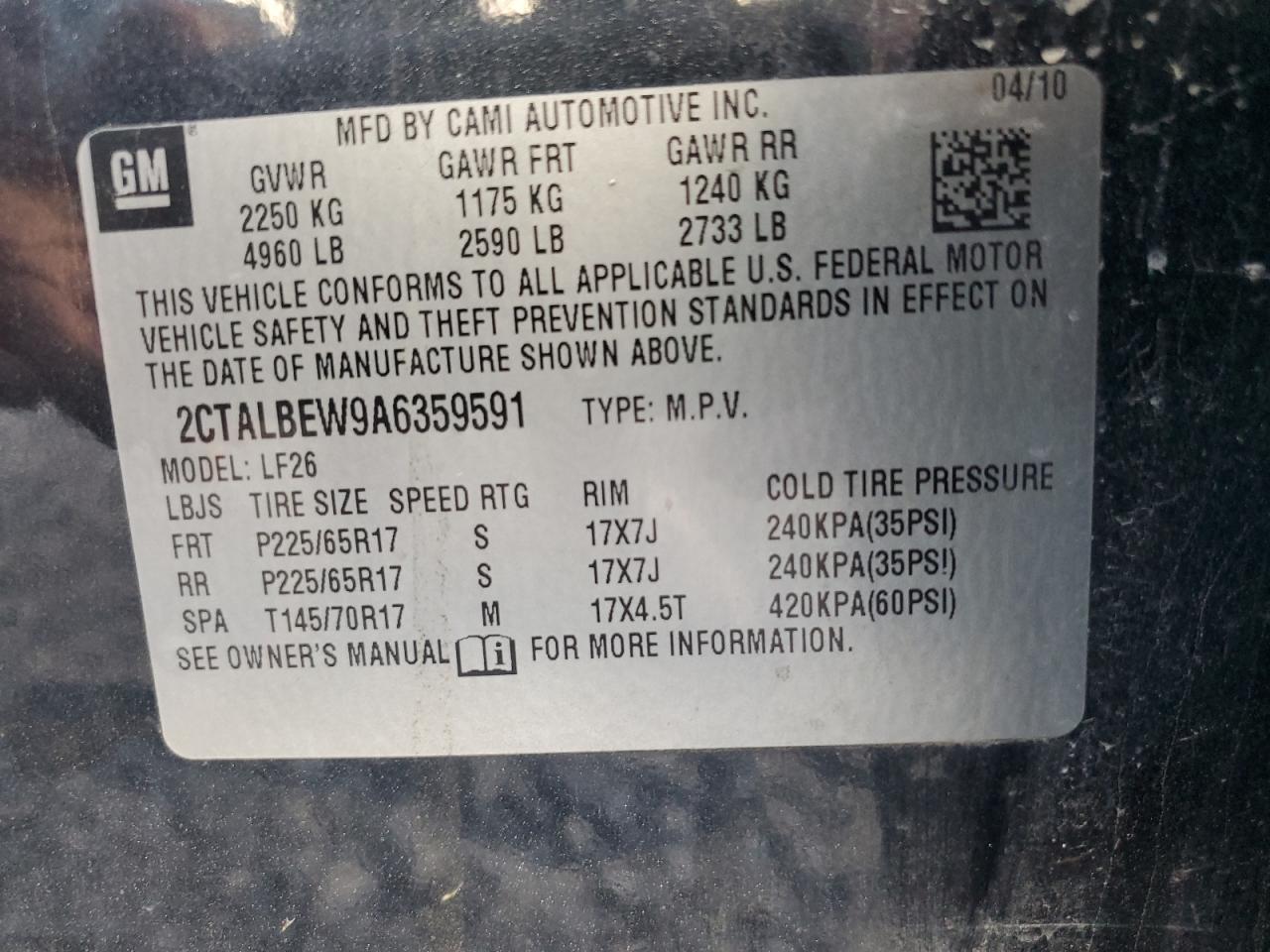 2010 GMC Terrain Sle VIN: 2CTALBEW9A6359591 Lot: 90789455