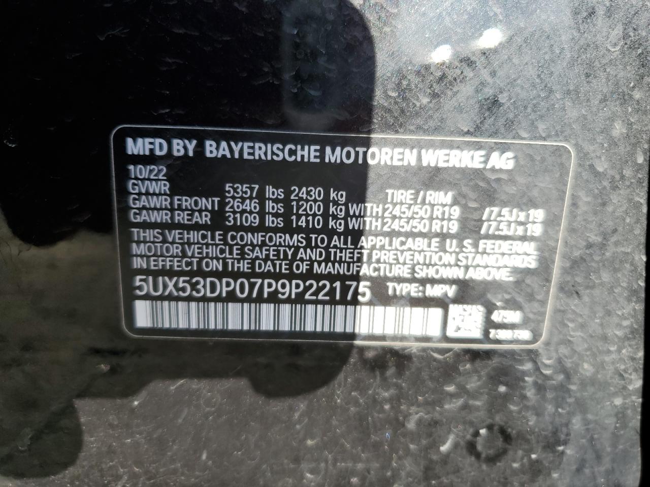 2023 BMW X3 xDrive30I VIN: 5UX53DP07P9P22175 Lot: 92289315