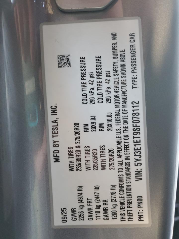 2025 Tesla Model 3 VIN: 5YJ3E1ET9SF078112 Lot: 93422395