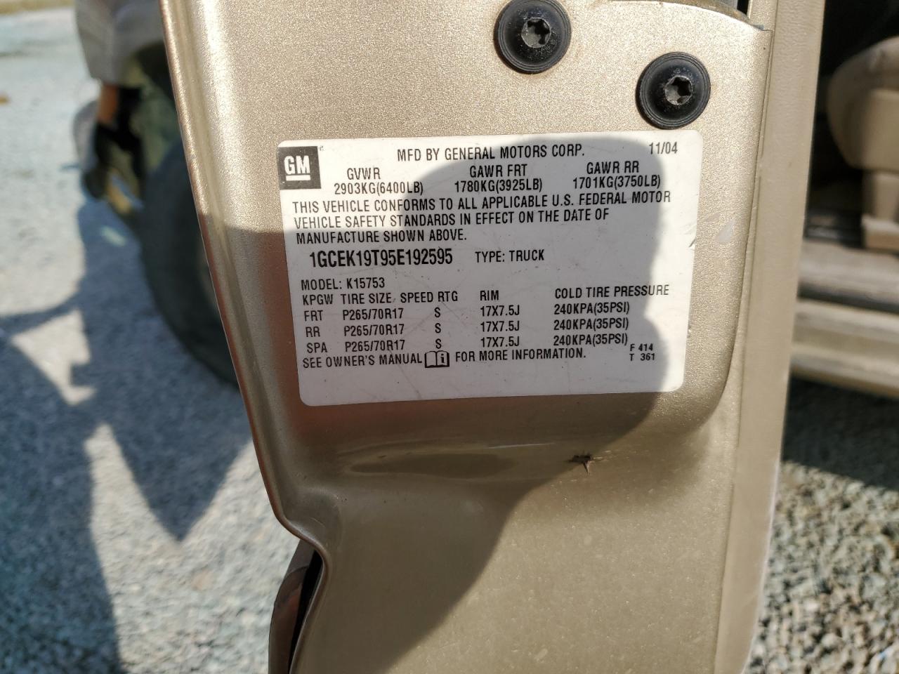 2005 Chevrolet Silverado K1500 VIN: 1GCEK19T95E192595 Lot: 93452035