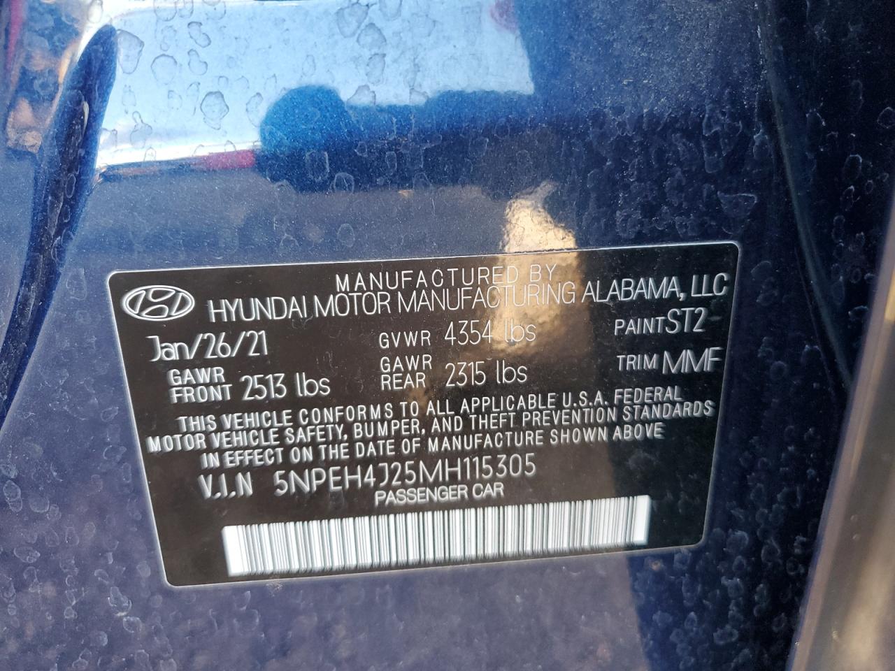 2021 Hyundai Sonata Limited VIN: 5NPEH4J25MH115305 Lot: 92207025