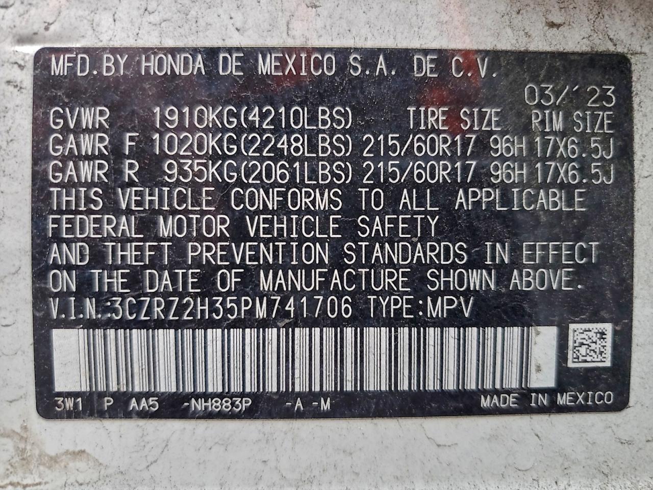 2023 Honda Hr-V Lx VIN: 3CZRZ2H35PM741706 Lot: 94093335