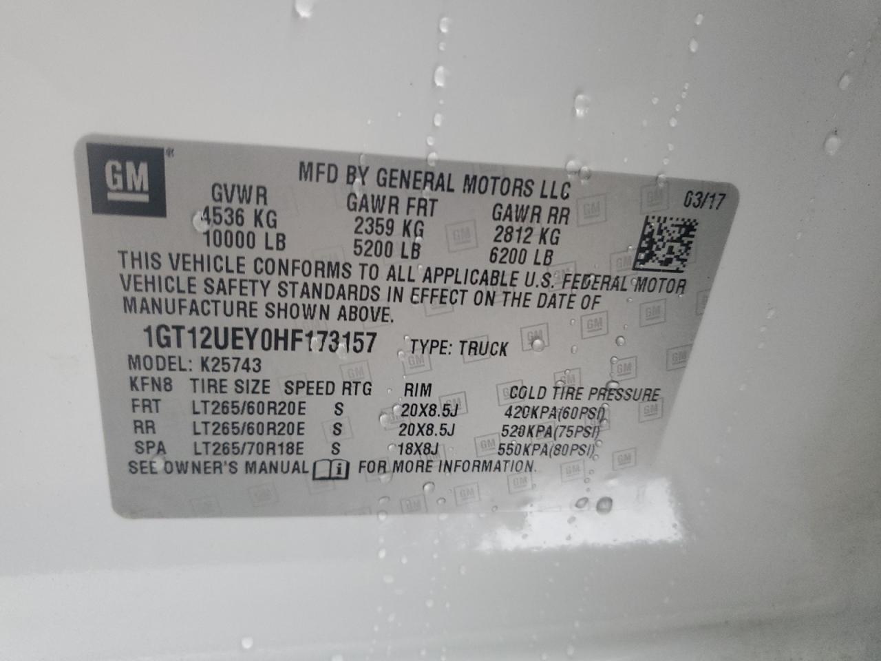 2017 GMC Sierra K2500 Denali VIN: 1GT12UEY0HF173157 Lot: 92639915