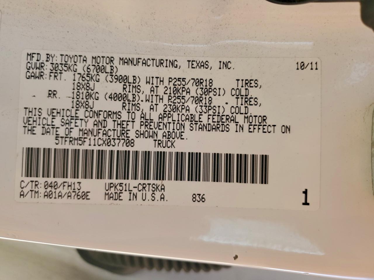 2012 Toyota Tundra Double Cab Sr5 VIN: 5TFRM5F11CX037708 Lot: 92054125