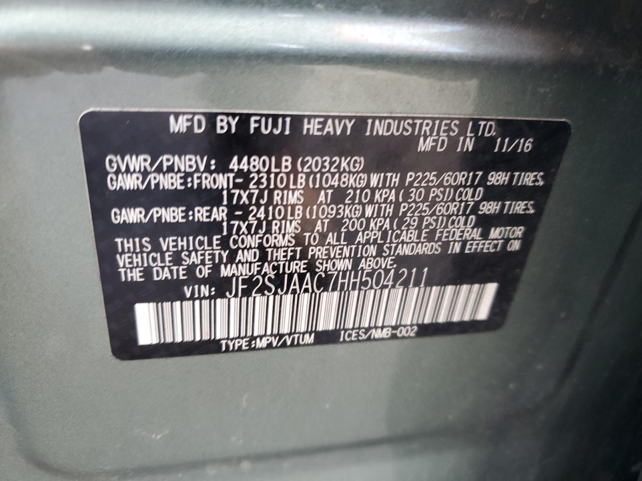 2017 Subaru Forester 2.5I VIN: JF2SJAAC7HH504211 Lot: 90972675