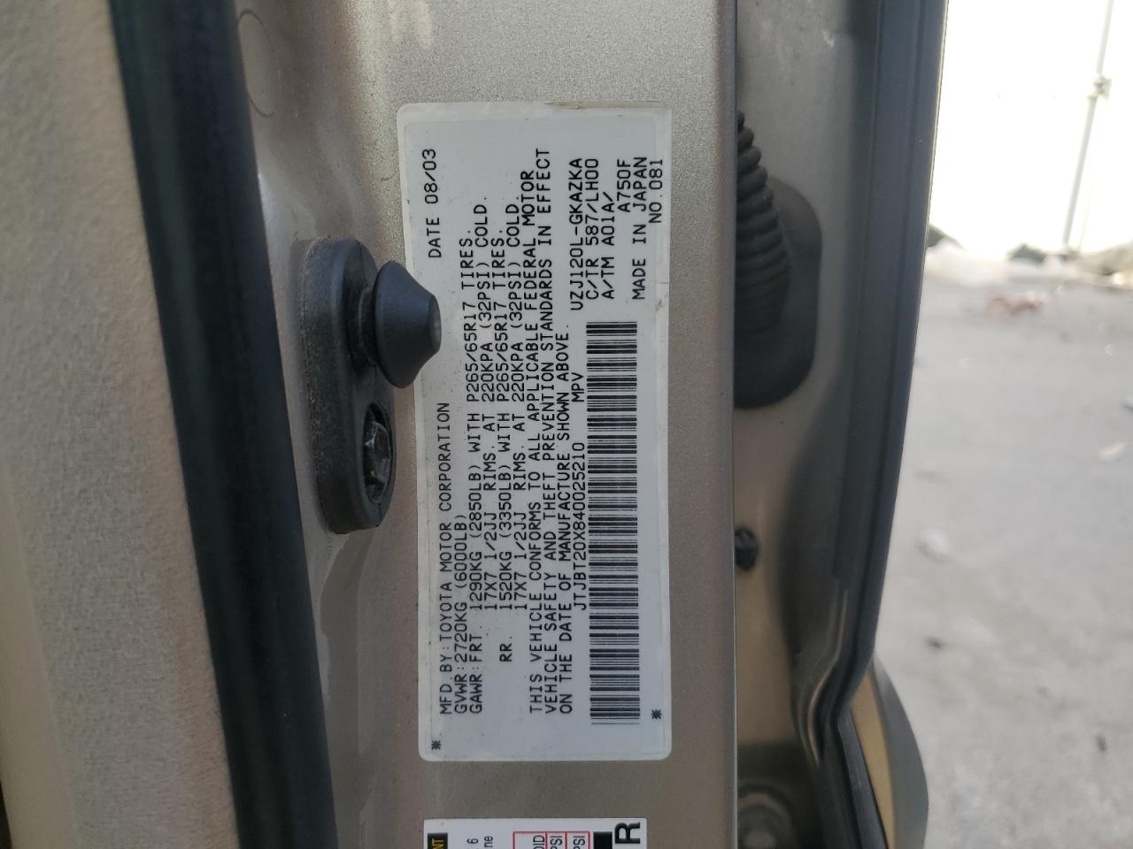 2004 Lexus Gx 470 VIN: JTJBT20X840025210 Lot: 91376105