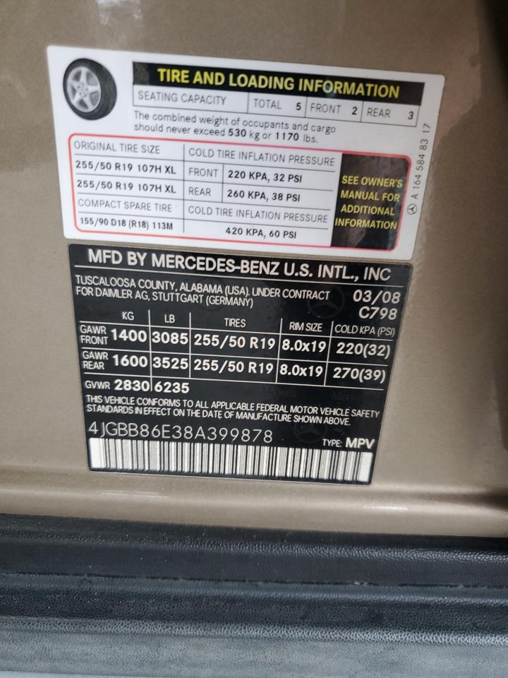 2008 Mercedes-Benz Ml 350 VIN: 4JGBB86E38A399878 Lot: 93713375