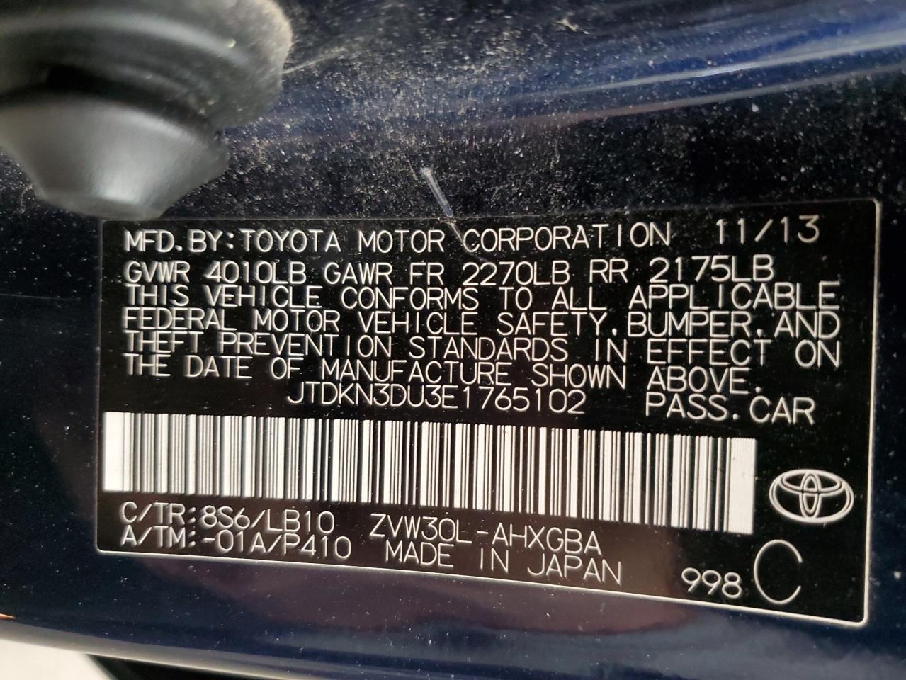 2014 Toyota Prius VIN: JTDKN3DU3E1765102 Lot: 93664365