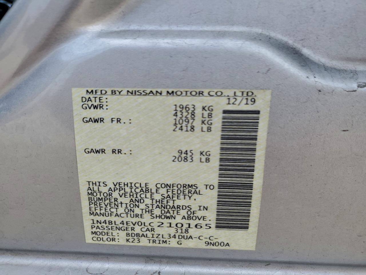 2020 Nissan Altima Sl VIN: 1N4BL4EV0LC210165 Lot: 94537755