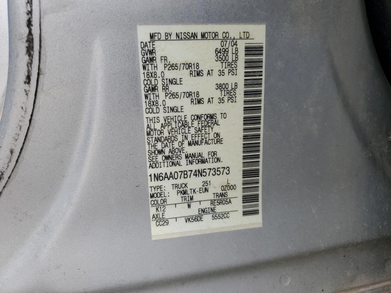 2004 Nissan Titan Xe VIN: 1N6AA07B74N573573 Lot: 90843175