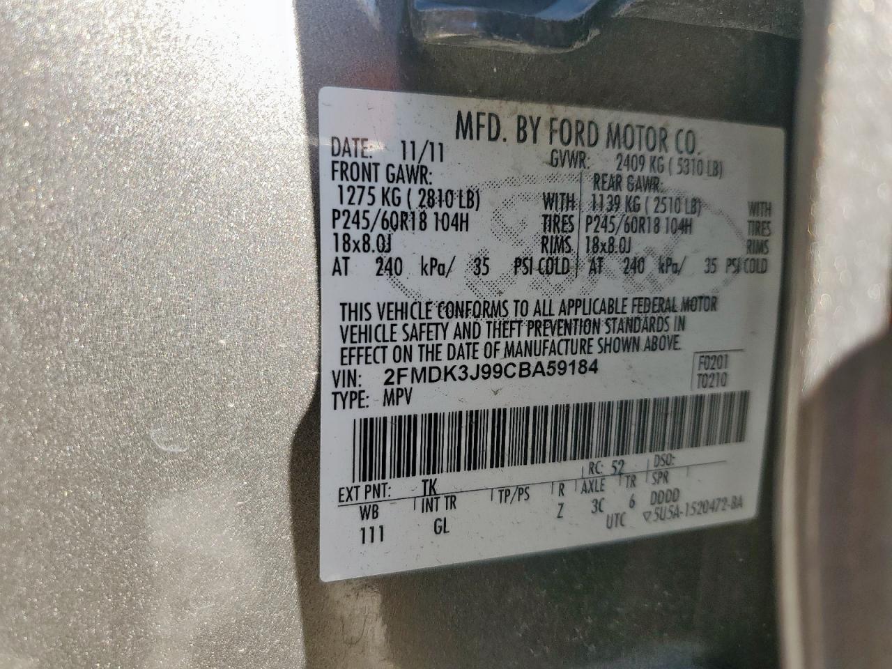 2012 Ford Edge Sel VIN: 2FMDK3J99CBA59184 Lot: 92010225