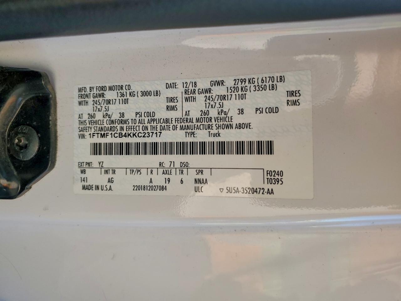 2019 Ford F150 VIN: 1FTMF1CB4KKC23717 Lot: 93998255