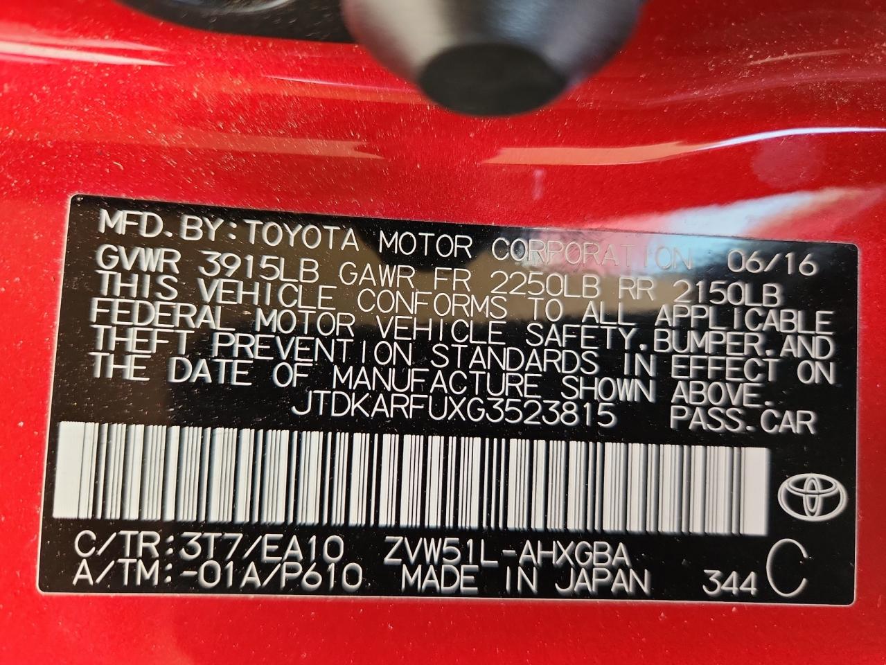 2016 Toyota Prius VIN: JTDKARFUXG3523815 Lot: 92303275