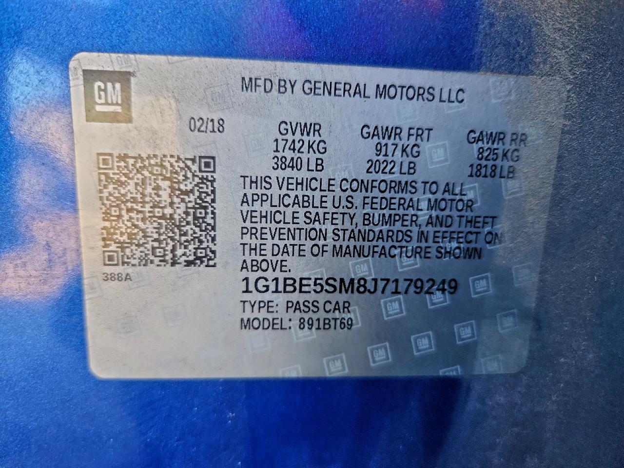 2018 Chevrolet Cruze Lt VIN: 1G1BE5SM8J7179249 Lot: 94369105