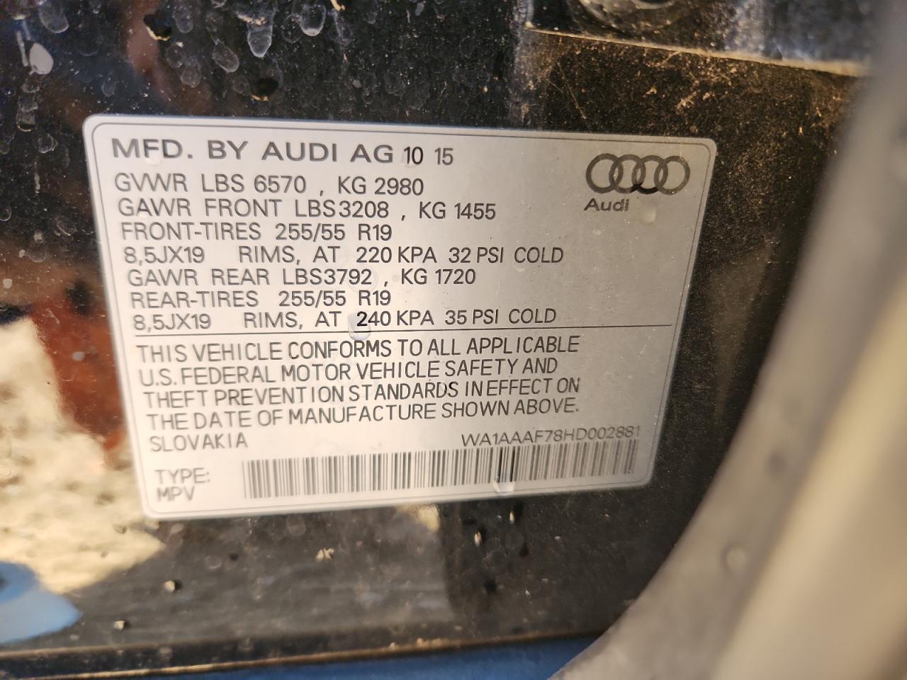 2017 Audi Q7 Premium VIN: WA1AAAF78HD002881 Lot: 91918235