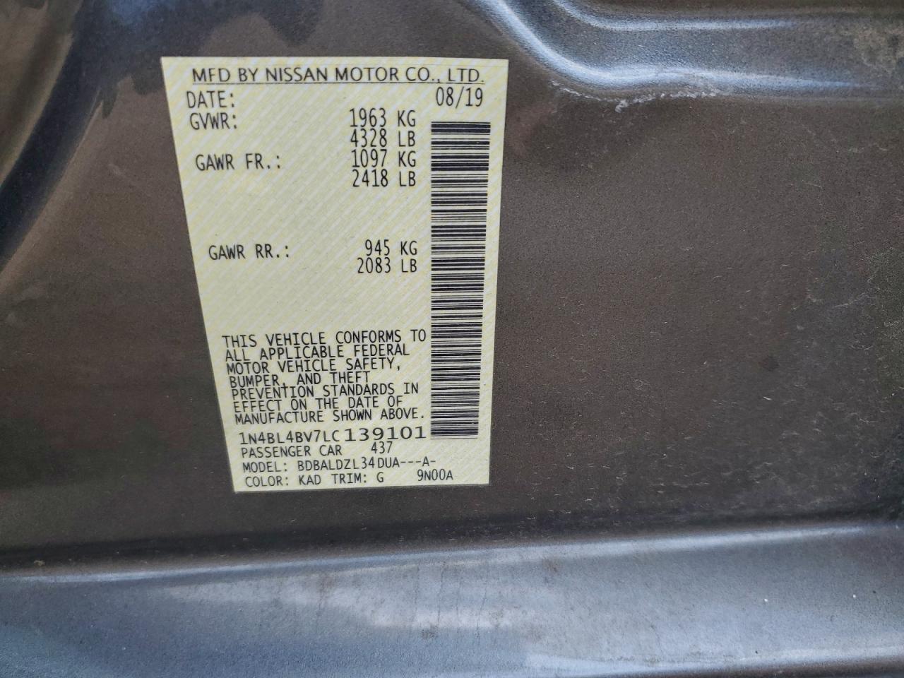 2020 Nissan Altima S VIN: 1N4BL4BV7LC139101 Lot: 93690295