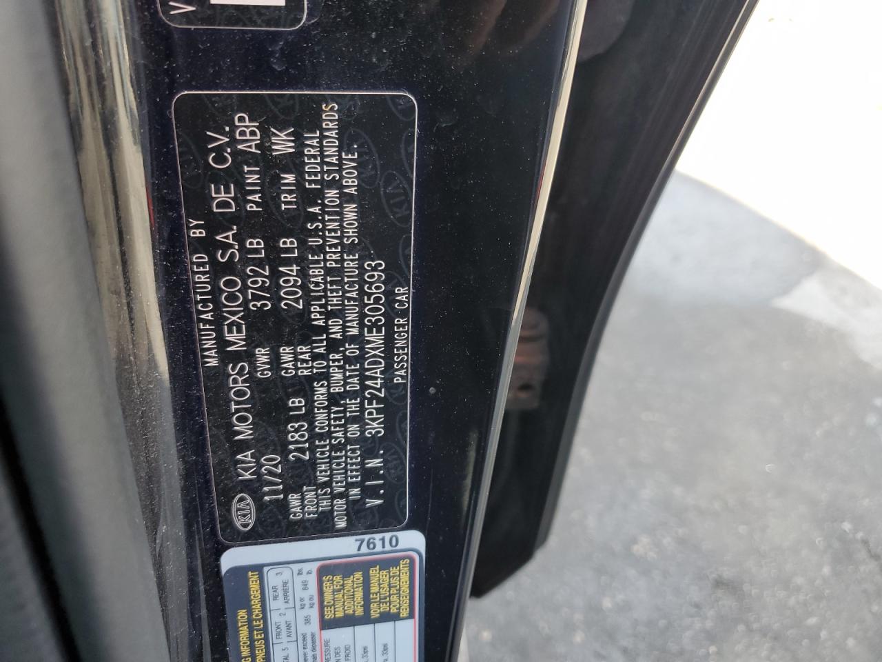 2021 Kia Forte Fe VIN: 3KPF24ADXME305693 Lot: 92297075