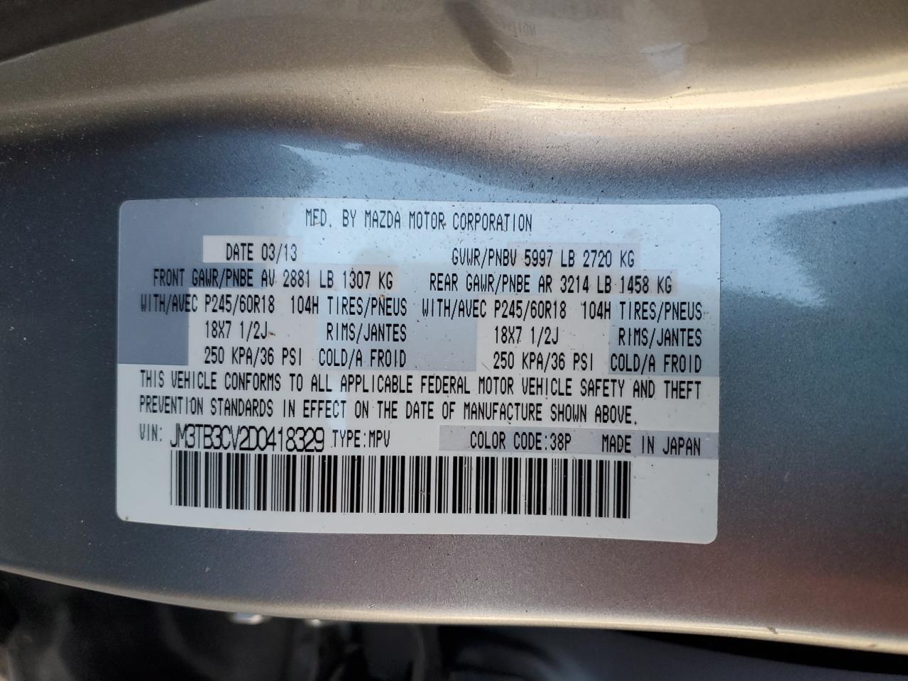 2013 Mazda Cx-9 Touring VIN: JM3TB3CV2D0418329 Lot: 91210815