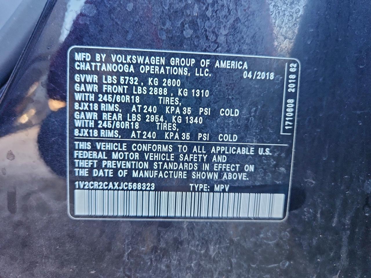 2018 Volkswagen Atlas Se VIN: 1V2CR2CAXJC568323 Lot: 93744655