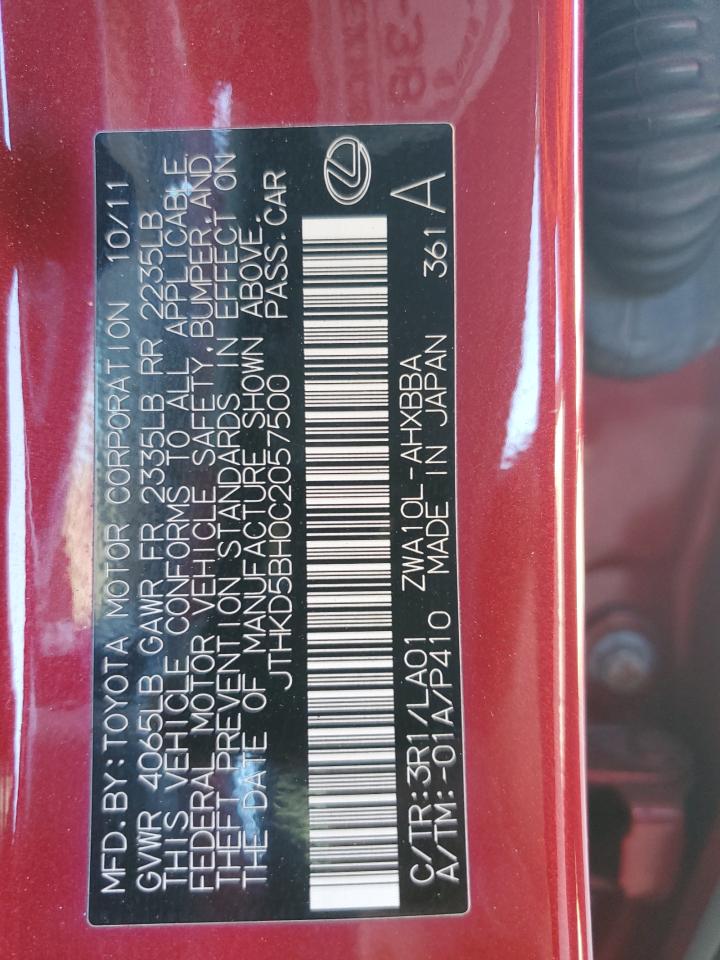 2012 Lexus Ct 200 VIN: JTHKD5BH0C2057500 Lot: 91134055