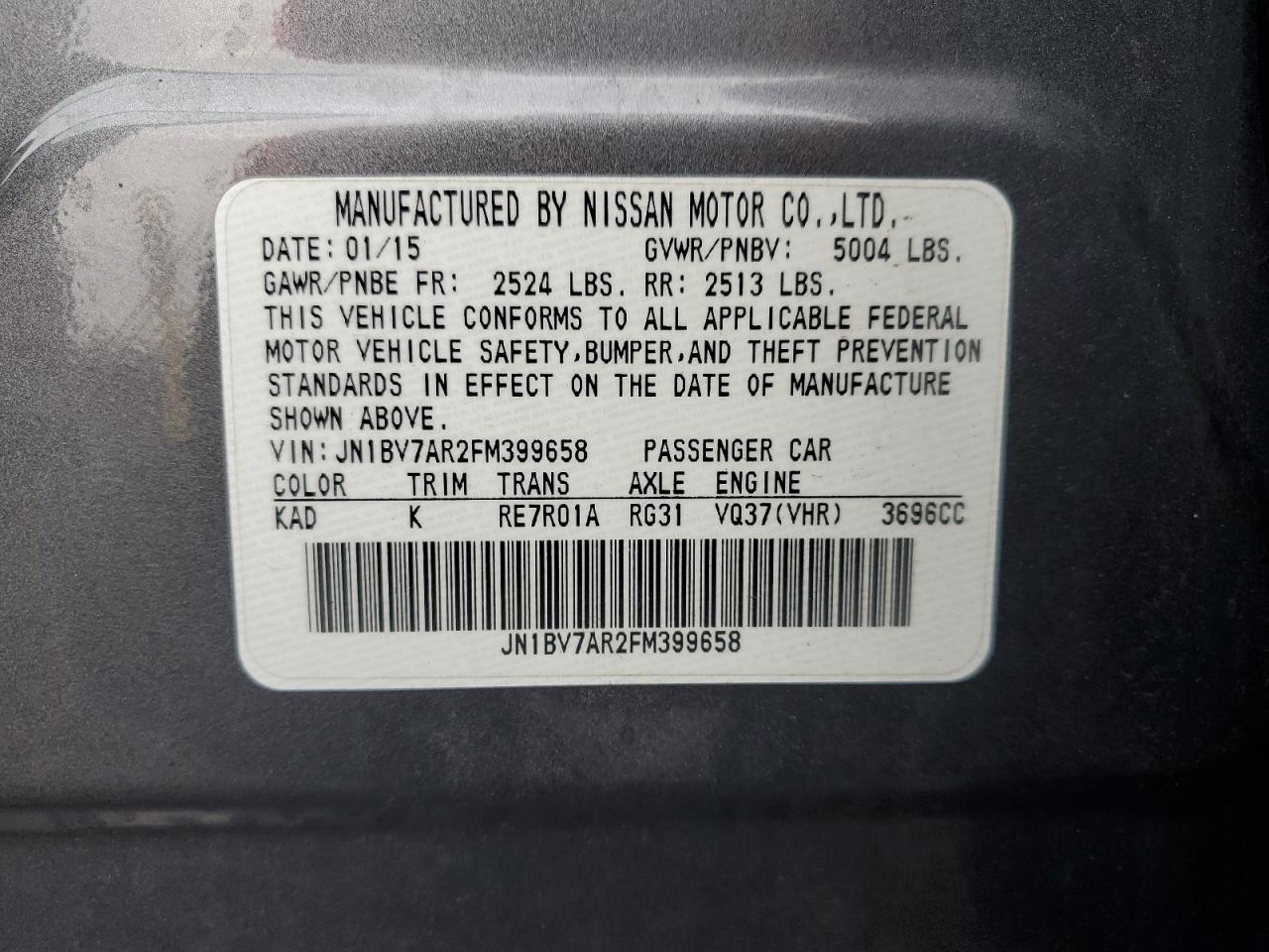 2015 Infiniti Q50 Base VIN: JN1BV7AR2FM399658 Lot: 92320885