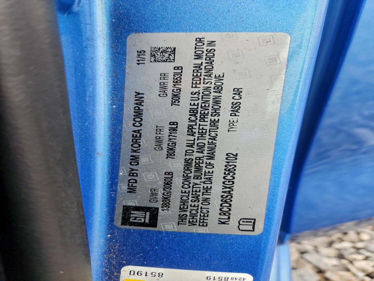 2016 Chevrolet Spark 1Lt VIN: KL8CD6SAXGC563102 Lot: 94059955