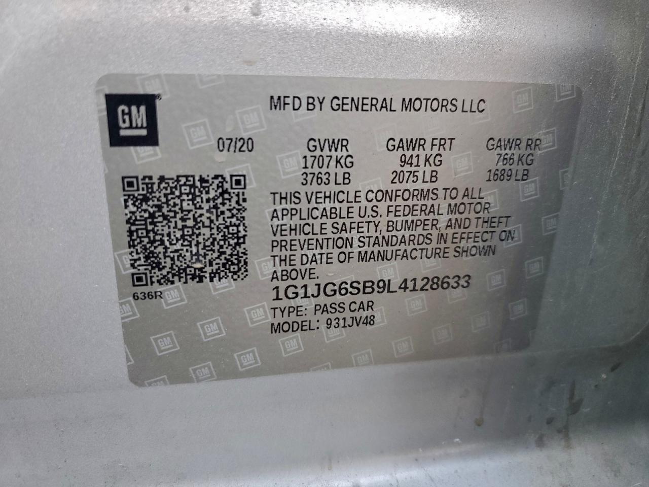 2020 Chevrolet Sonic VIN: 1G1JG6SB9L4128633 Lot: 93838715