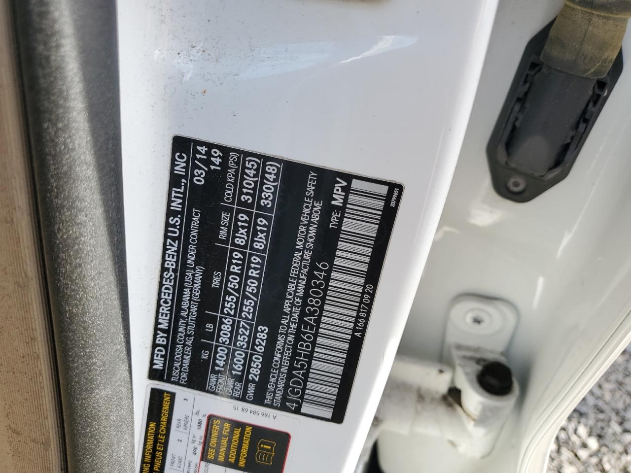 2014 Mercedes-Benz Ml 350 4Matic VIN: 4JGDA5HB6EA380346 Lot: 85426665