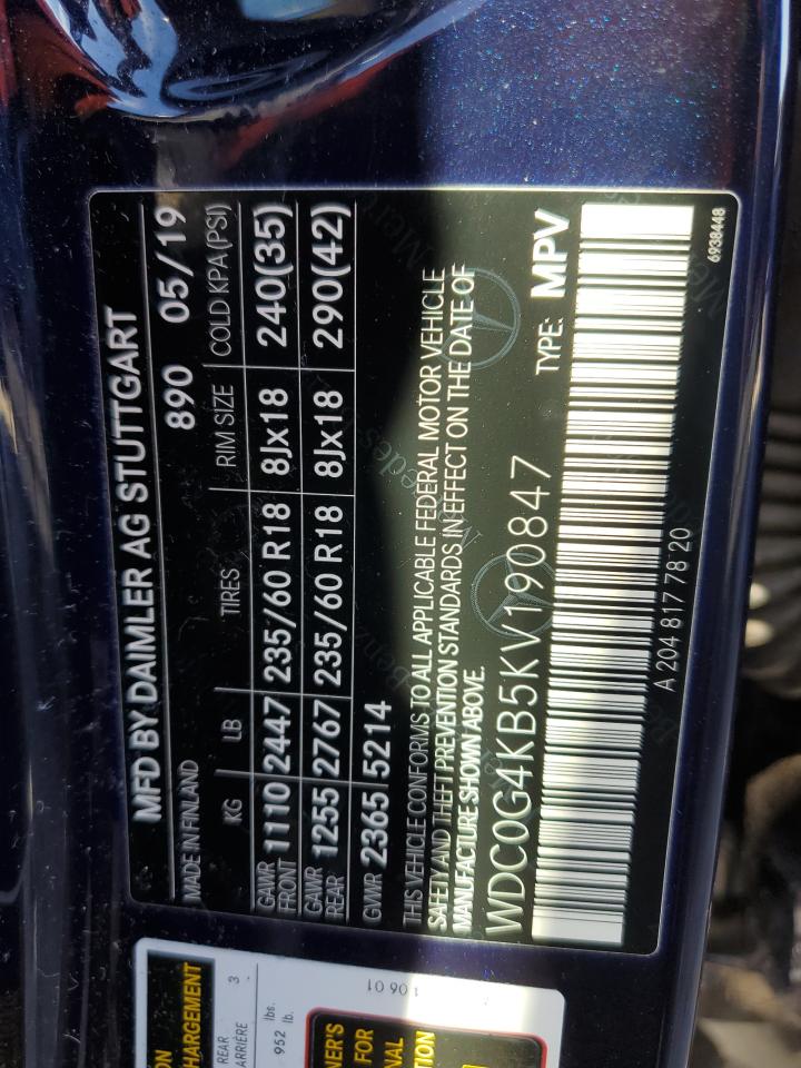 2019 Mercedes-Benz Glc 300 4Matic VIN: WDC0G4KB5KV190847 Lot: 91110645