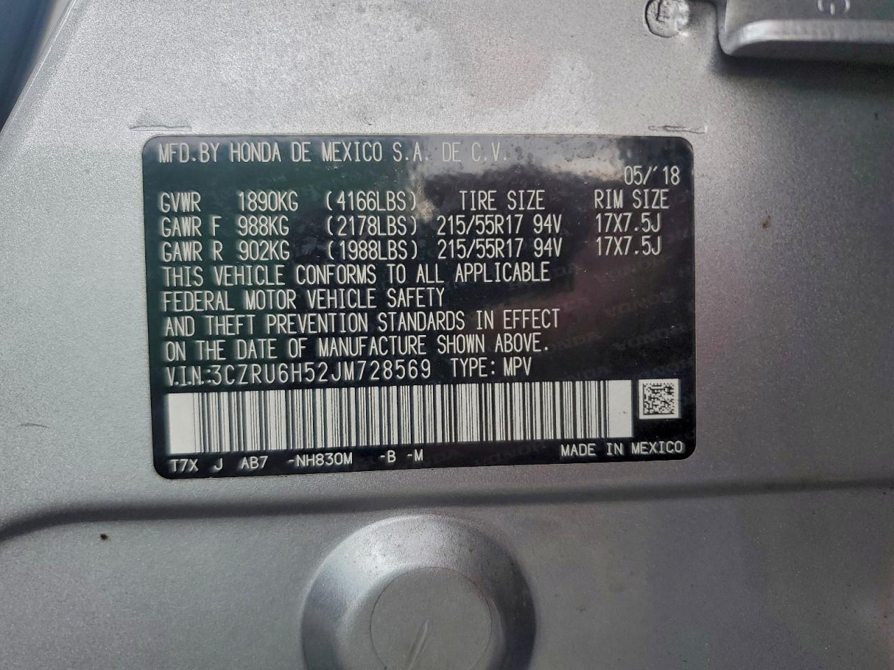 2018 Honda Hr-V Ex VIN: 3CZRU6H52JM728569 Lot: 94659495