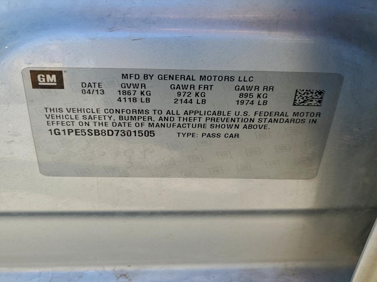 2013 Chevrolet Cruze Lt VIN: 1G1PE5SB8D7301505 Lot: 93960845