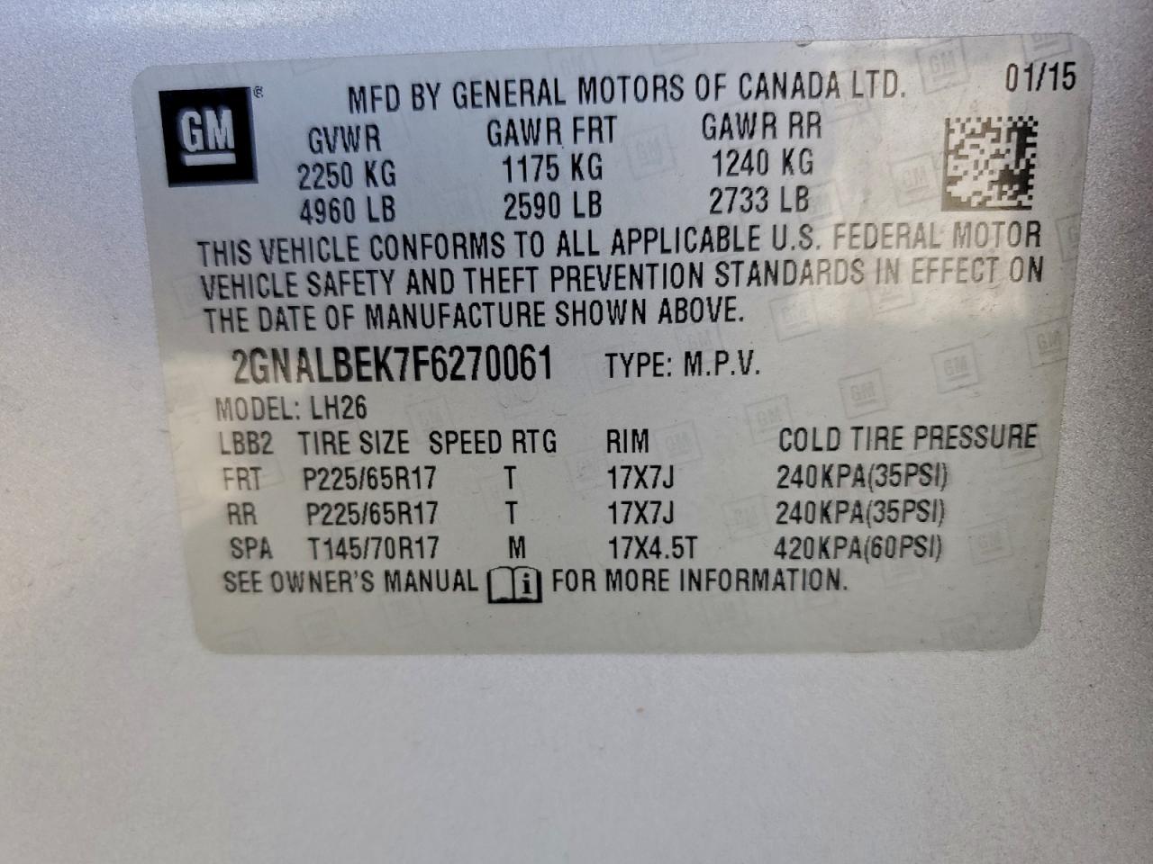 2015 Chevrolet Equinox Lt VIN: 2GNALBEK7F6270061 Lot: 94643955