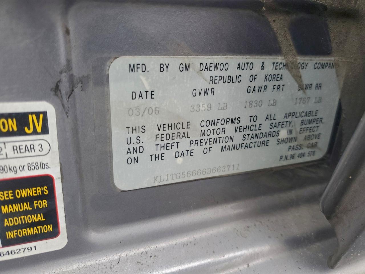 2006 Chevrolet Aveo Lt VIN: KL1TG56666B663711 Lot: 94408555