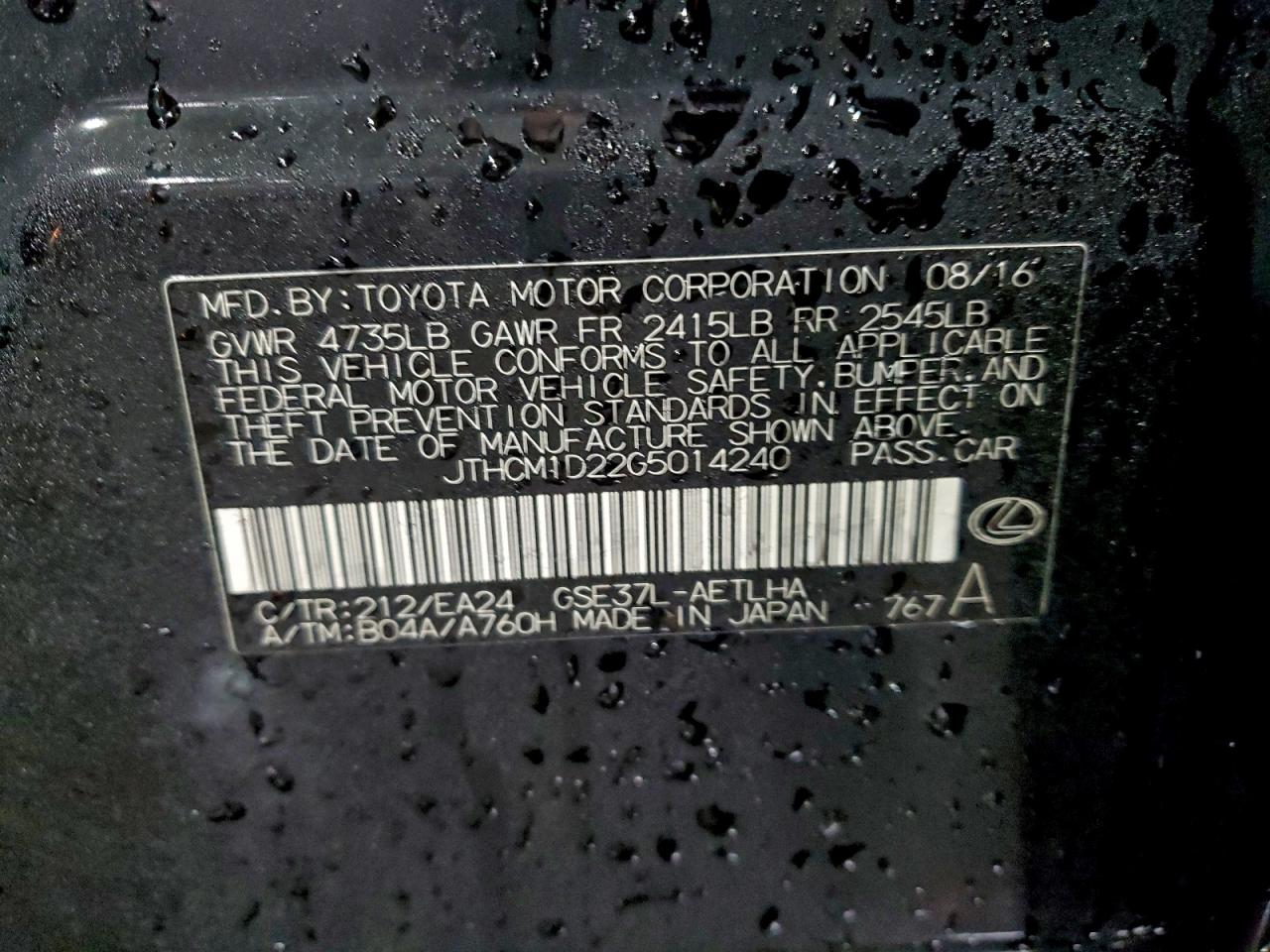 2016 Lexus Is 300 VIN: JTHCM1D22G5014240 Lot: 94725175