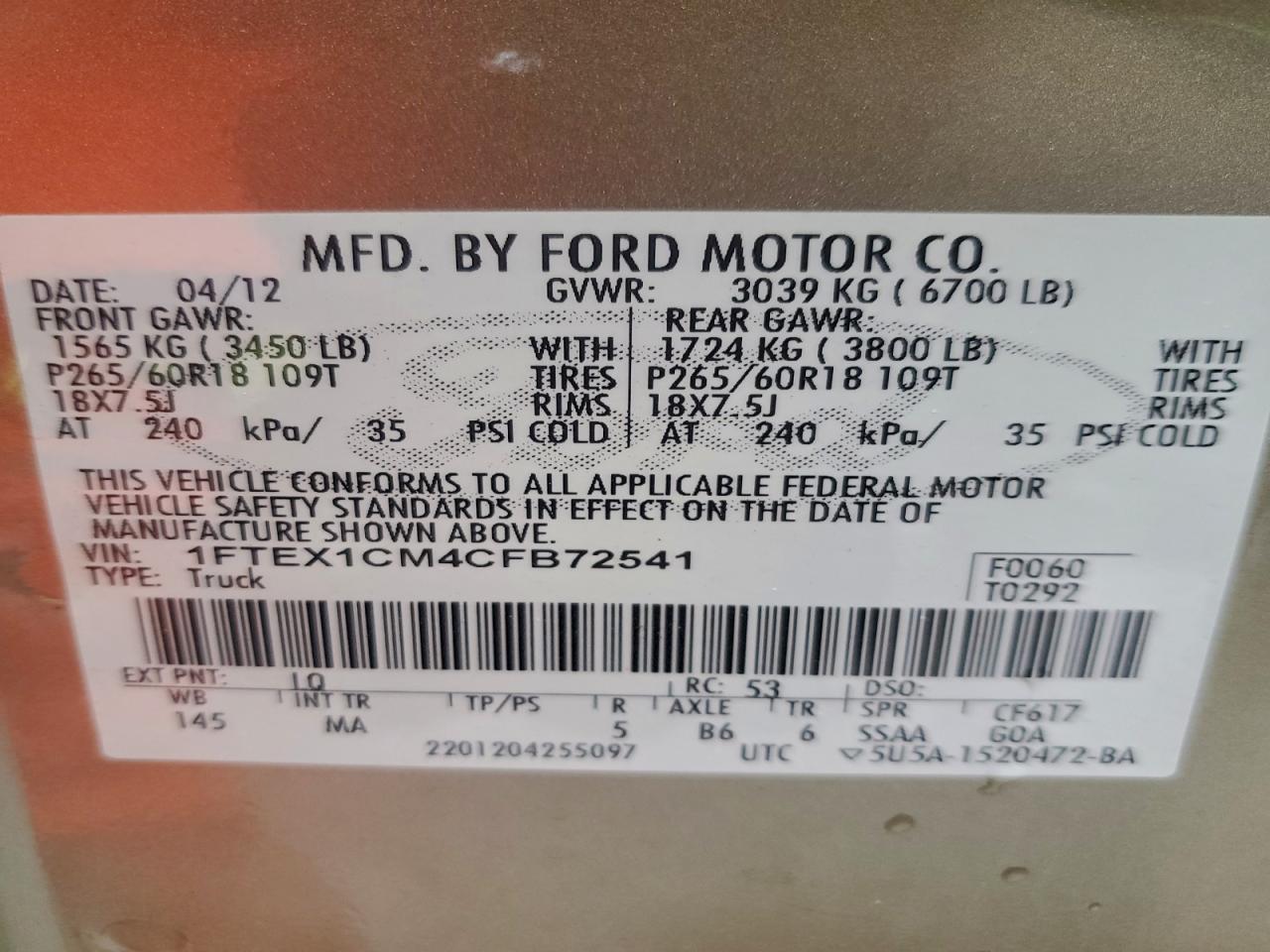 2012 Ford F150 Super Cab VIN: 1FTEX1CM4CFB72541 Lot: 93922465