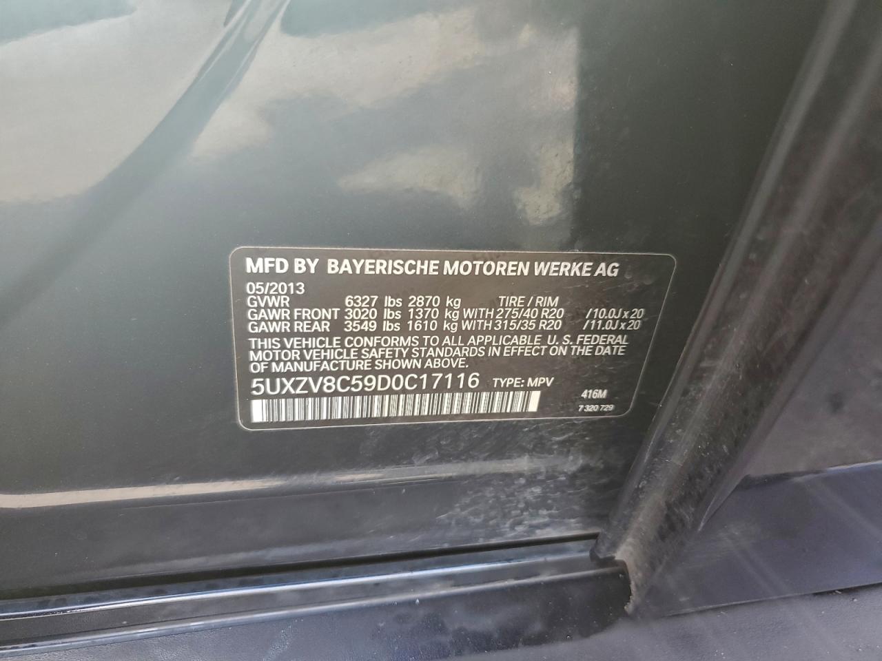 2013 BMW X5 xDrive50I VIN: 5UXZV8C59D0C17116 Lot: 94706025