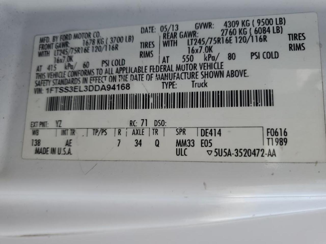 2013 Ford E350 Delivery Van VIN: 1FTSS3EL3DDA94168 Lot: 92357965