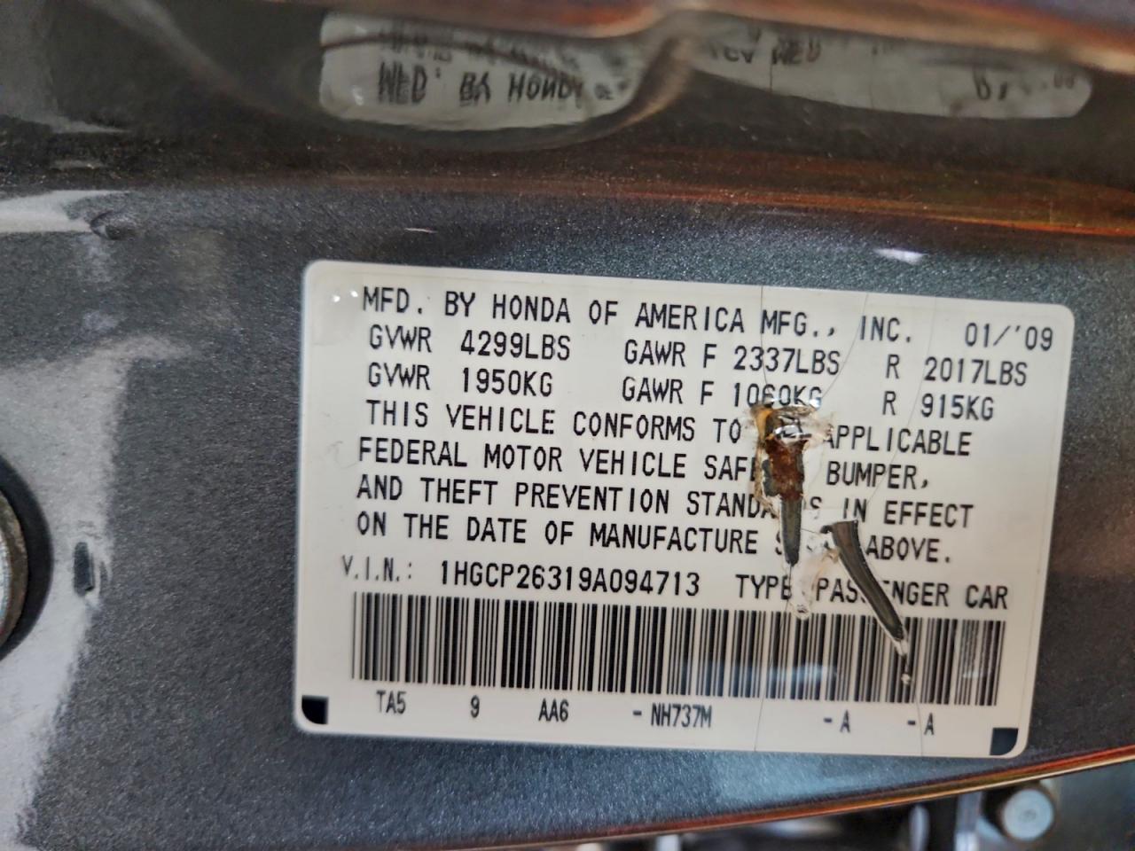 2009 Honda Accord Lx VIN: 1HGCP26319A094713 Lot: 94077085