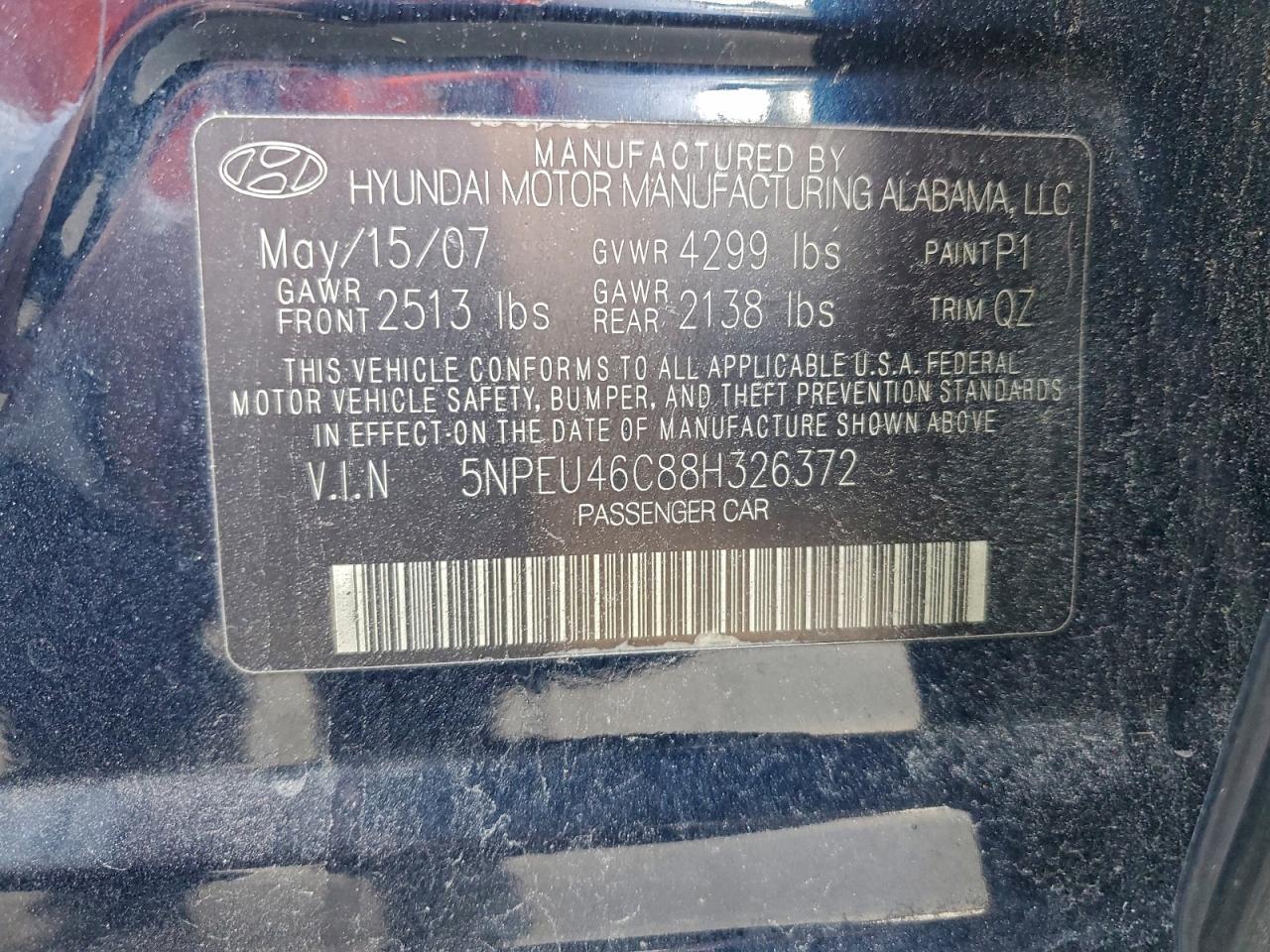 2008 Hyundai Sonata Se VIN: 5NPEU46C88H326372 Lot: 94325235