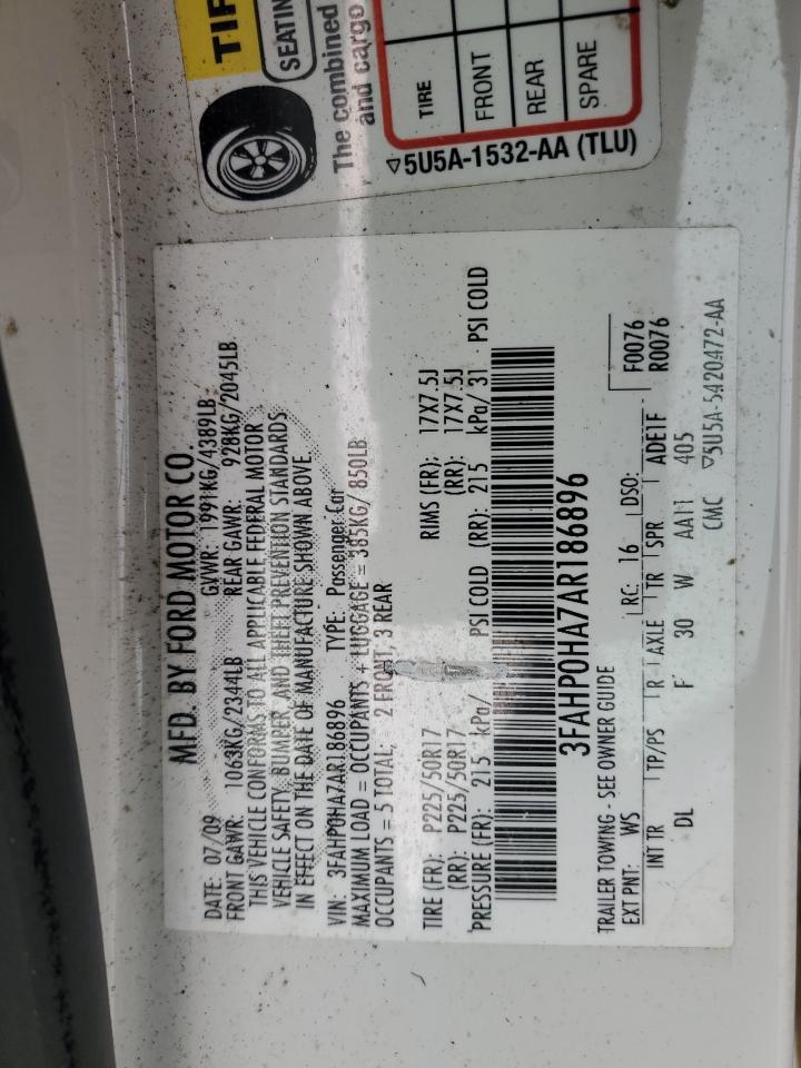 2010 Ford Fusion Se VIN: 3FAHP0HA7AR186896 Lot: 92693955