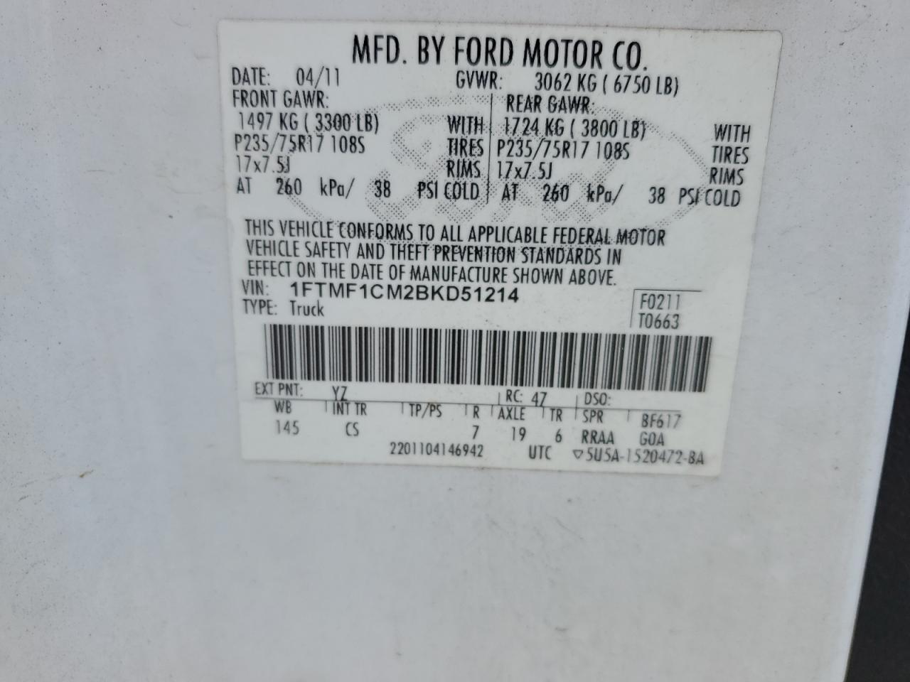 2011 Ford F150 VIN: 1FTMF1CM2BKD51214 Lot: 91670805